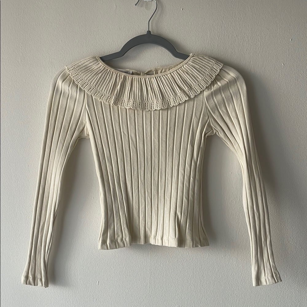 Mango Long Sleeve Top with Coquette Lace Collar